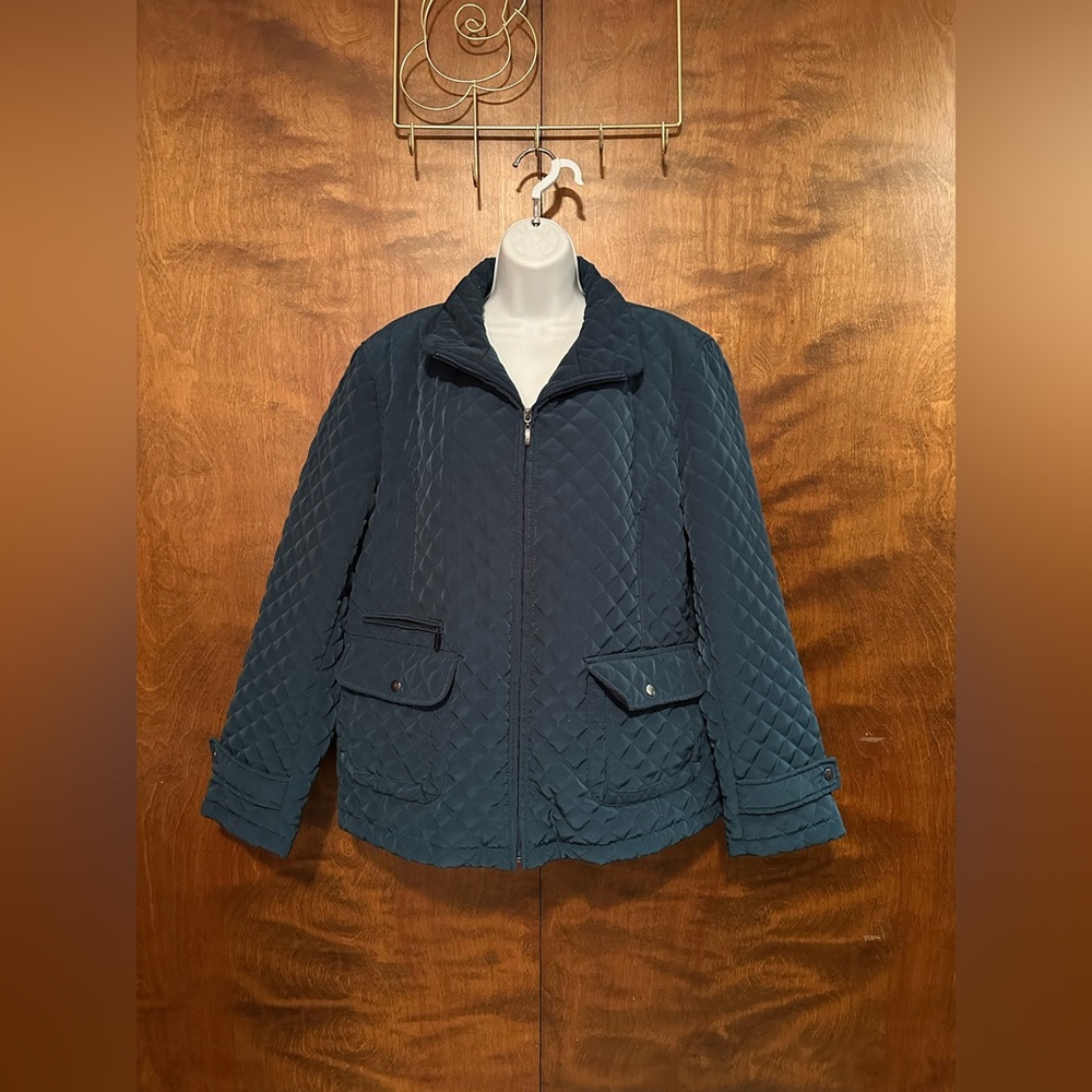 St. Johns Bay Quilted Long Sleeve Jacket Womens XL Teal Polyester Coat Lined